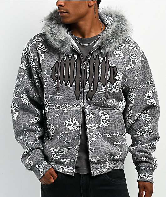 Empyre Transplant Grey Cheetah Faux Fur Zip Hoodie