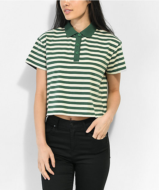 Green and white shop striped polo shirt