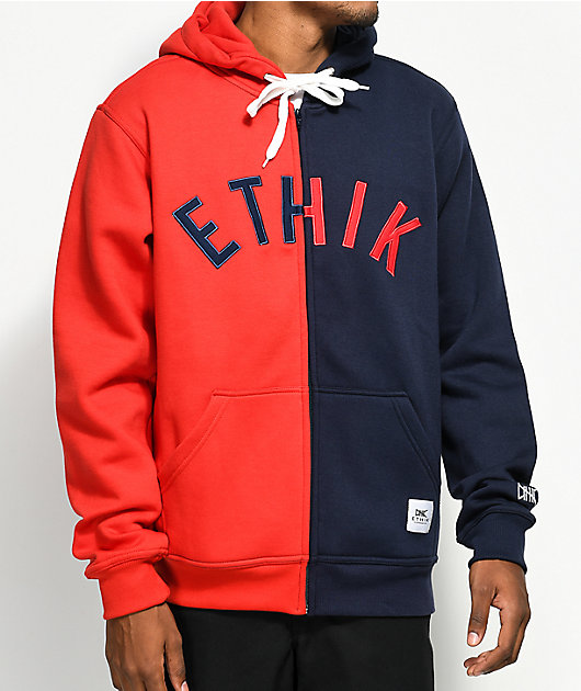 blue and red sweatshirt