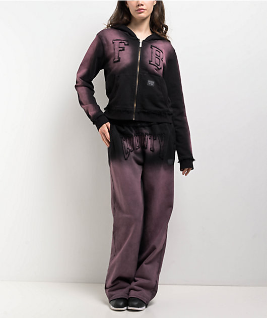 FB County Bleach Dye Black & Pink Crop Zip Hoodie