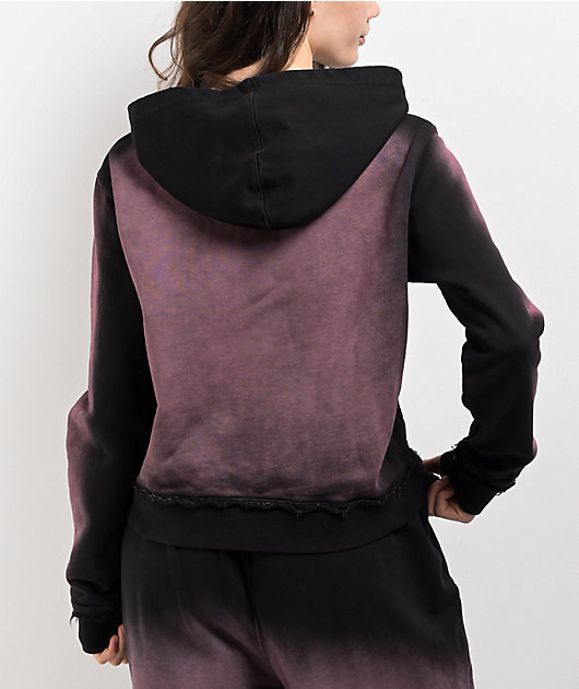 FB County Bleach Dye Black & Pink Crop Zip Hoodie