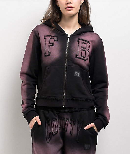 FB County Bleach Dye Black & Pink Crop Zip Hoodie | Zumiez