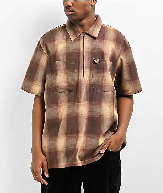 FB County Brown Checker Zip Short Sleeve Shirt