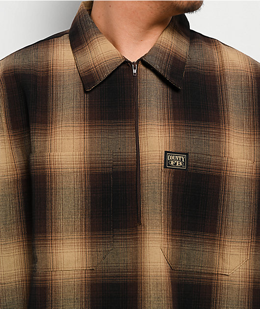 FB County Checker Brown & Tan Half Zip Short Sleeve Shirt