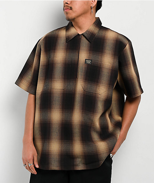 FB County Checker Brown & Tan Half Zip Short Sleeve Shirt | Zumiez