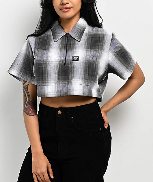 【U LAN】Country pin check semi-crop short sleeve shirt FB County Checker Grey Zip Crop Short Sleeve Shirt | Zumiez