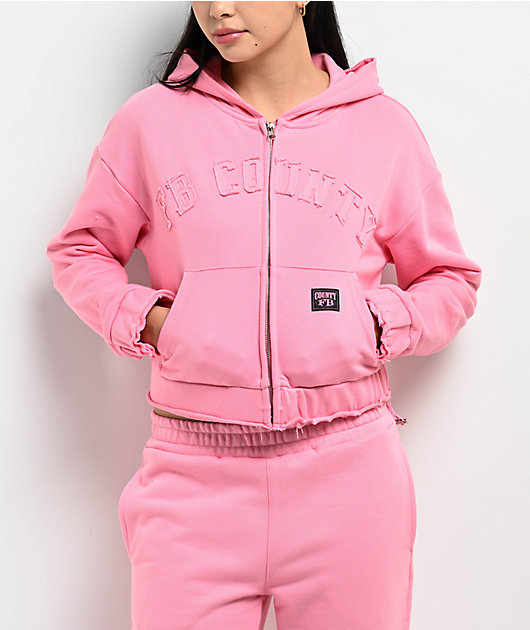 FB County French Terry Pink Crop Zip Hoodie