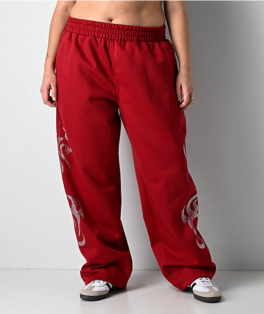 FB County Rhinestone Red Straight Leg Sweatpants