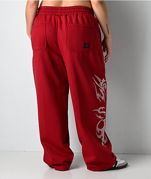 FB County Rhinestone Red Straight Leg Sweatpants