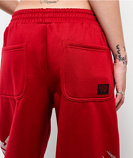 FB County Rhinestone Red Straight Leg Sweatpants