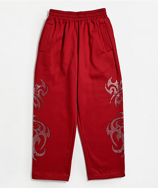 FB County Rhinestone Red Straight Leg Sweatpants
