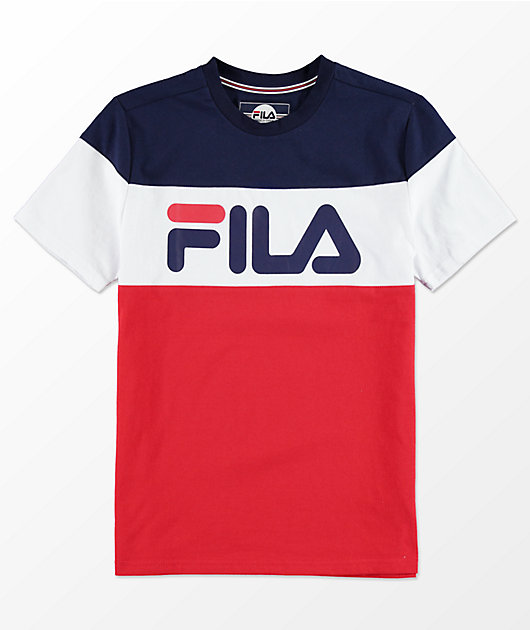 red blue white t shirt