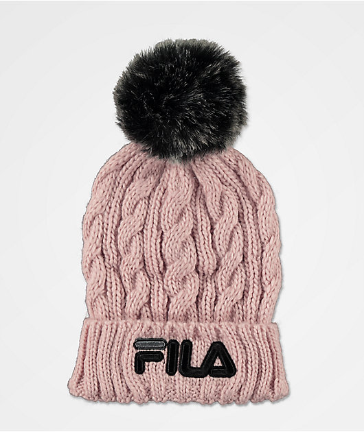 FILA Cable Knit Pink Pom Beanie