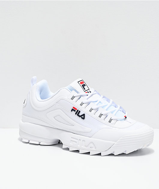 Plata Treinta Presa FILA Disruptor II No-Sew zapatos blancos, azules y rojos para hombres