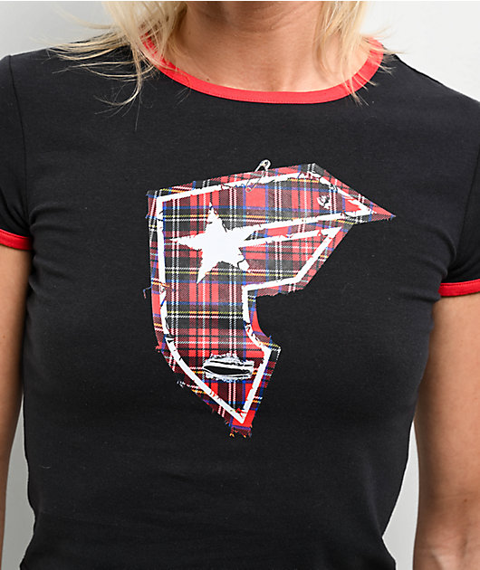 ★2023SS新作★SATUR★Preci Ringer Crop T-shirt Famous Stars & Straps Plaid BOH Black Ringer Crop T-Shirt