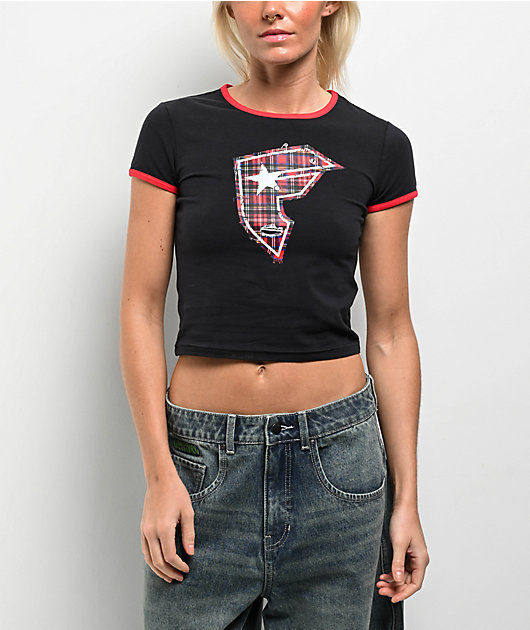 ★2023SS新作★SATUR★Preci Ringer Crop T-shirt Famous Stars & Straps Plaid BOH Black Ringer Crop T-Shirt