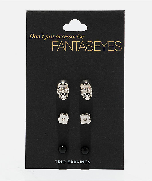 Fantas Eyes Dice & Skull Silver 3 Pack Stud Earrings