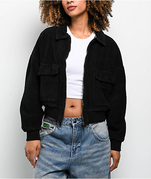 Faux Fur Black Corduroy Crop Bomber Jacket | Zumiez