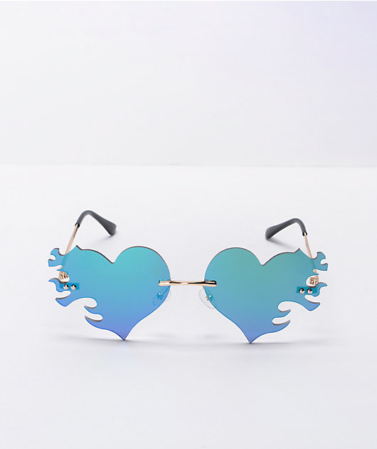 Flame Heart Rimless Blue Sunglasses 