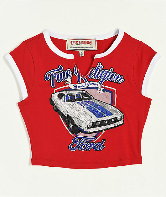 FORD X True Religion クリスタル マスタング ベイビーTシャツ Ford x True Religion Crystal Mustang Aurora Red Crop T-Shirt