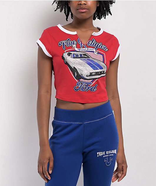 FORD X True Religion クリスタル マスタング ベイビーTシャツ Ford x True Religion Crystal Mustang Aurora Red Crop T-Shirt