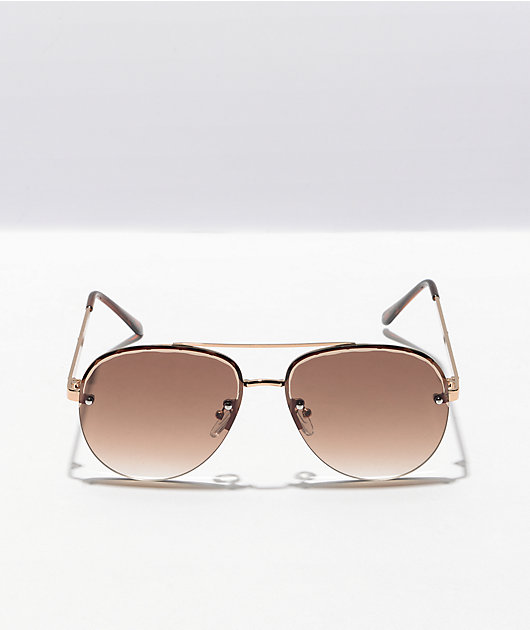 Frameless Brown & Gold Aviator Sunglasses