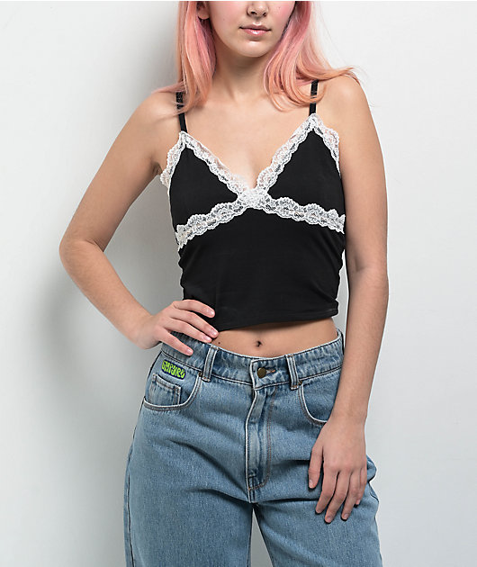 Freeworld Ellouise Lace V Black Crop Tank Top | Zumiez