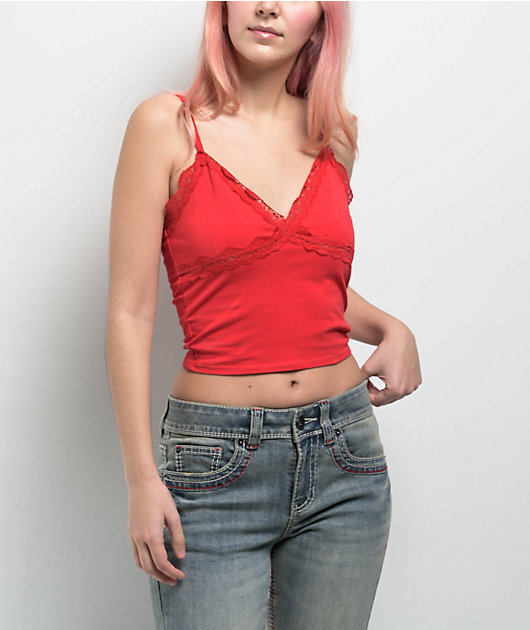 Freeworld Ellouise Lace V Red Crop Tank Top | Zumiez