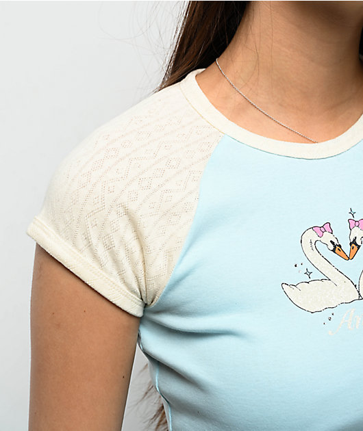 Freeworld Pammie Pointelle Light Blue & Cream Raglan T-Shirt