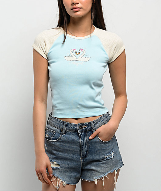 Freeworld Pammie Pointelle Light Blue & Cream Raglan T-Shirt