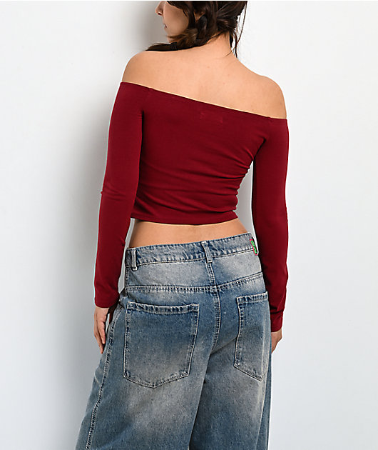Freeworld Serenity Off Shoulder Pomegranate Red Long Sleeve Crop T-Shirt