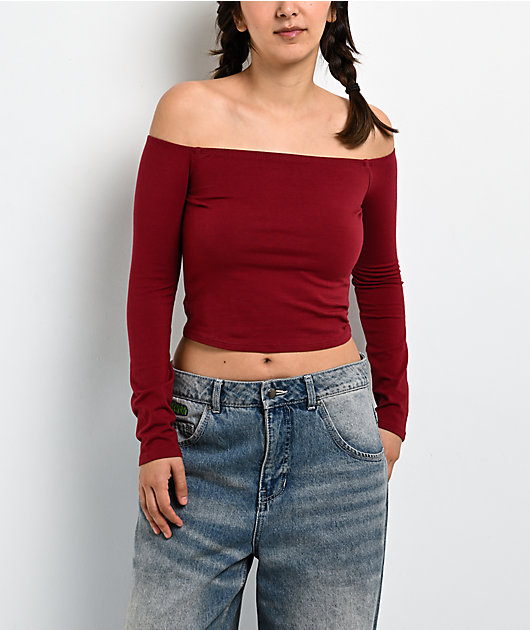 Freeworld Serenity Off Shoulder Pomegranate Red Long Sleeve Crop T-Shirt