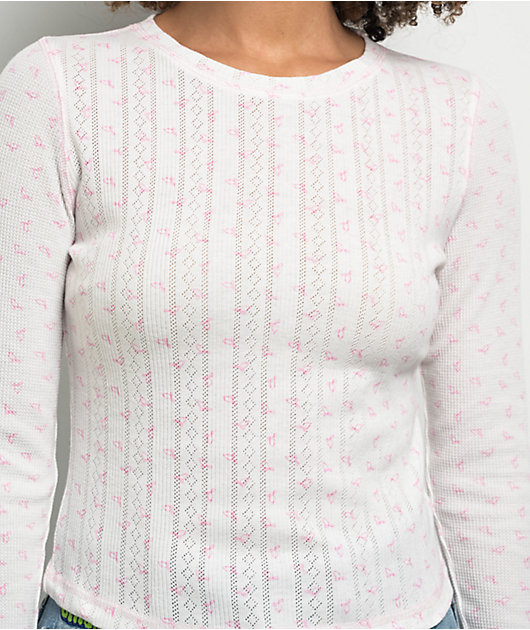 Freeworld Thea Pointelle Bow White & Pink Crop Thermal Long Sleeve T-Shirt