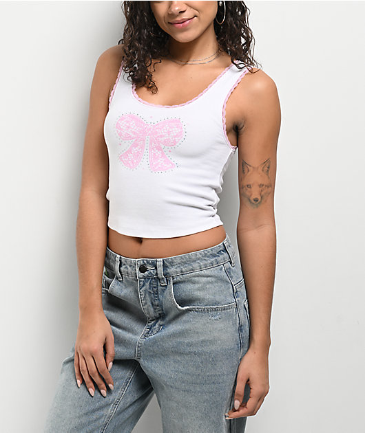 トップス HELK ROSE BUSTIER (WHITE) Freeworld Zaylee Pink Bow Rhinestone White Tank Top | Zumiez