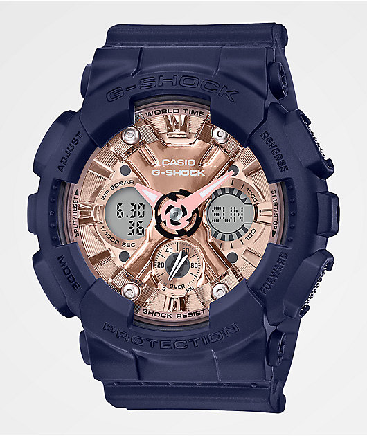 Sermón Asesorar creativo G-Shock GMAS120 reloj de oro rosa y azul marino y rosa