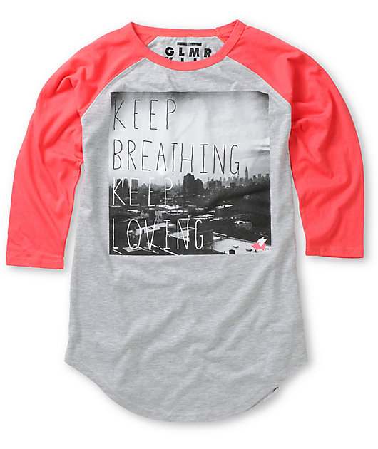 Glamour Kills Keep Breathing Grey & Coral Baseball Tee