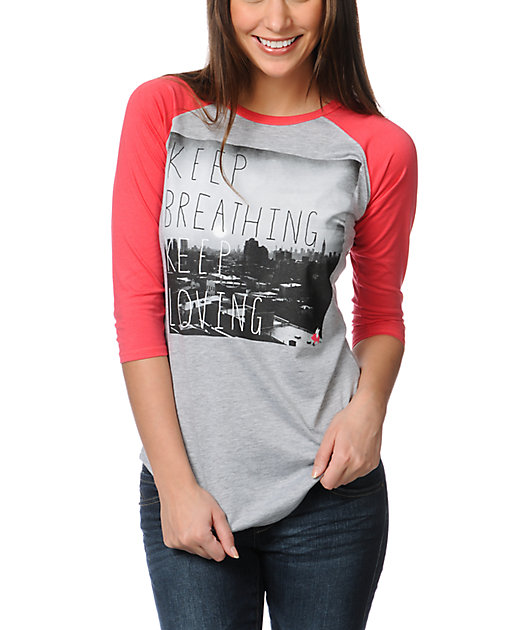 Glamour Kills Keep Breathing Grey & Coral Baseball Tee