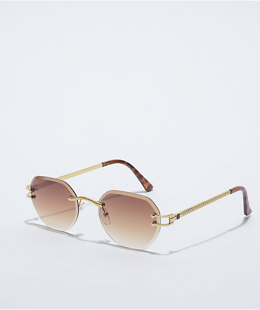 Gold & Brown Frameless Hexagonal Sunglasses