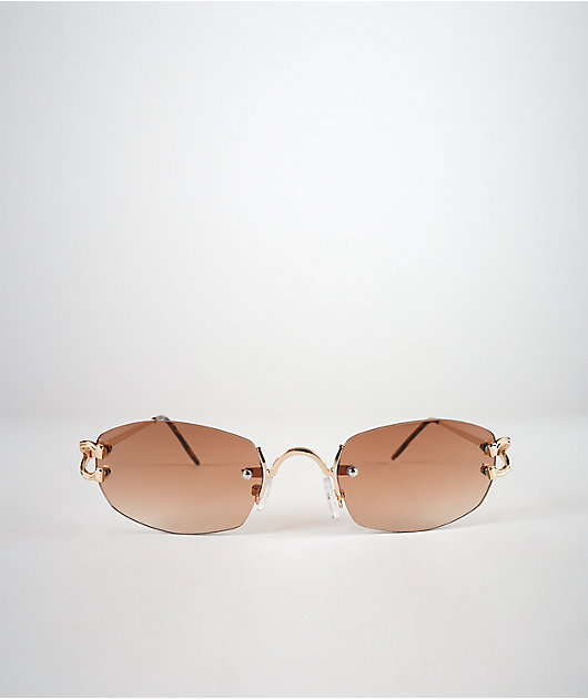 Gold & Brown Oval Frameless Sunglasses