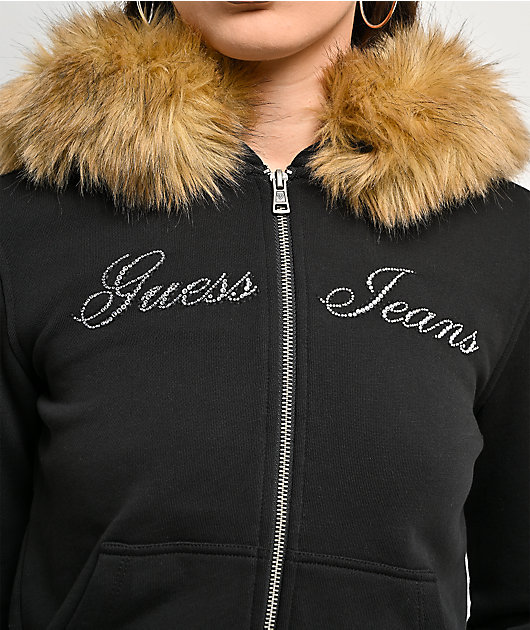 Guess Jeans Black Faux Fur Crop Zip Hoodie