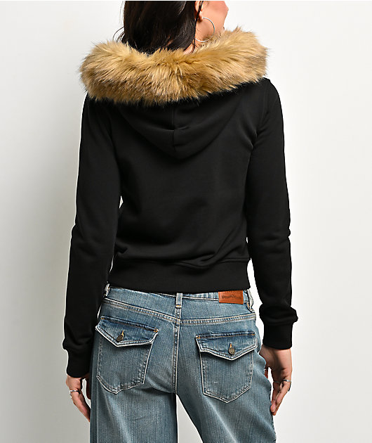 Guess Jeans Black Faux Fur Crop Zip Hoodie