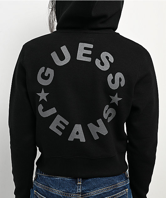 Guess Jeans Star Print Waffle Black Crop Zip Hoodie