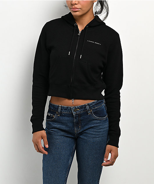 Guess Jeans Star Print Waffle Black Crop Zip Hoodie