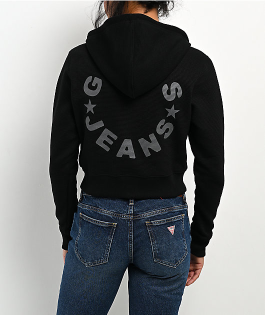 Guess Jeans Star Print Waffle Black Crop Zip Hoodie