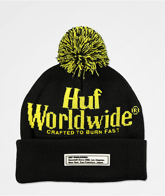 HUF Burn Fast gorro negro y amarillo con pompón