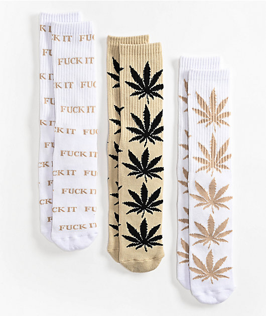 HUF Fuck It Plantlife White & Tan 3 Pack Crew Socks