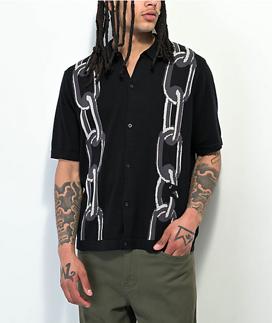 トップス HUF / LINKED KNIT SWEATER HUF Linked Black Knit Button Up Short Sleeve Sweater | Zumiez