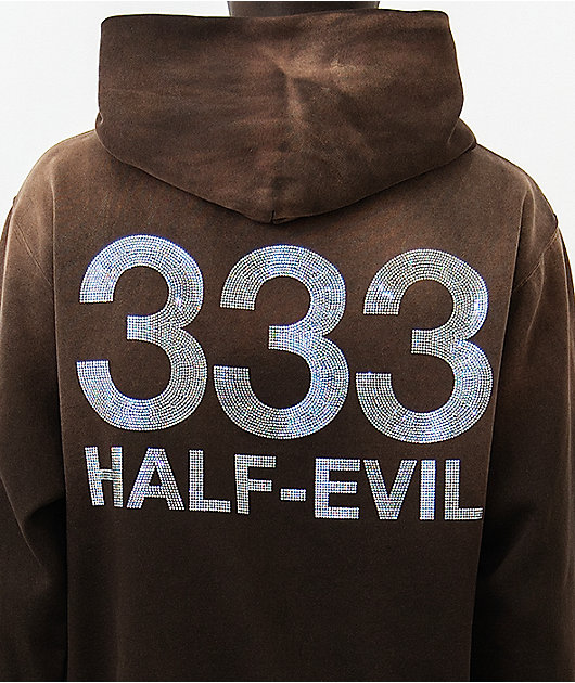 Half Evil Rhinestone Brown Wash Hoodie