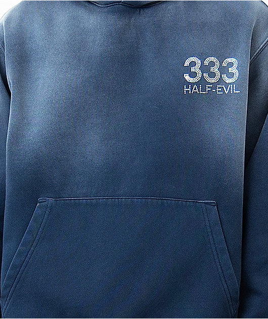 Half Evil Rhinestone Navy Wash Hoodie