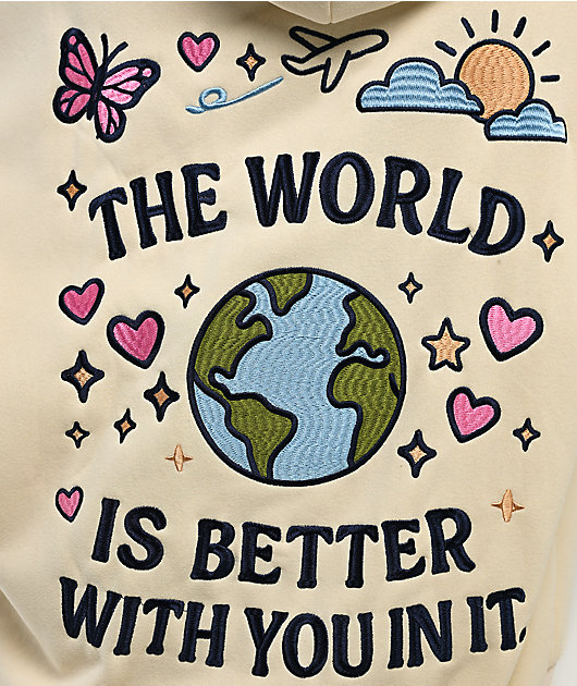 Happy Camp3r The World Is Better Cream Zip Hoodie